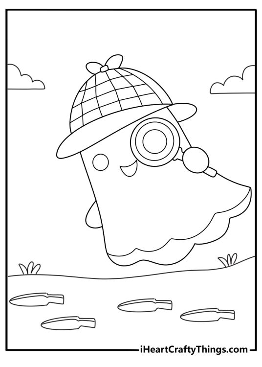 ghost with a magnifying glass following footprints