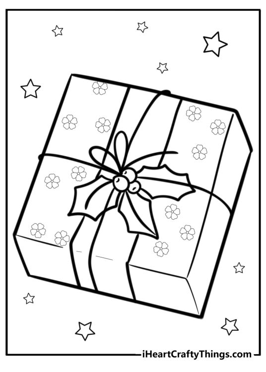 Printable coloring pdf featuring Christmas gift box with ribbon and festive decoration surrounded by stars