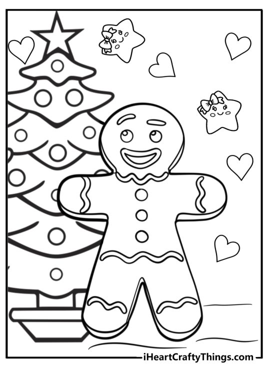 Christmas page for pre-schoolers depicting gingerbread man and Christmas tree with hearts and stars in the background