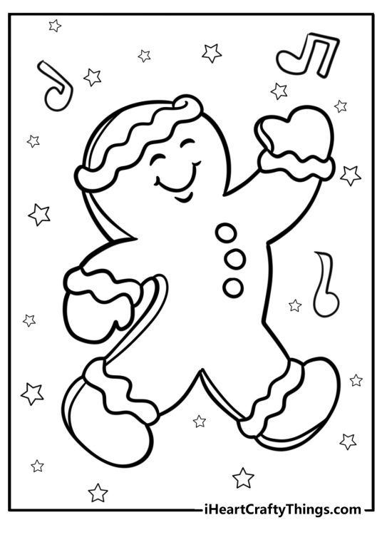 Christmas Gingerbread poster featuring happy dancing gingerbread man with stars ant music notes all around