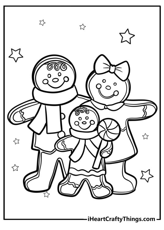 Christmas Gingerbread picture to color presenting happy gingerbread man family of three surrounded by stars