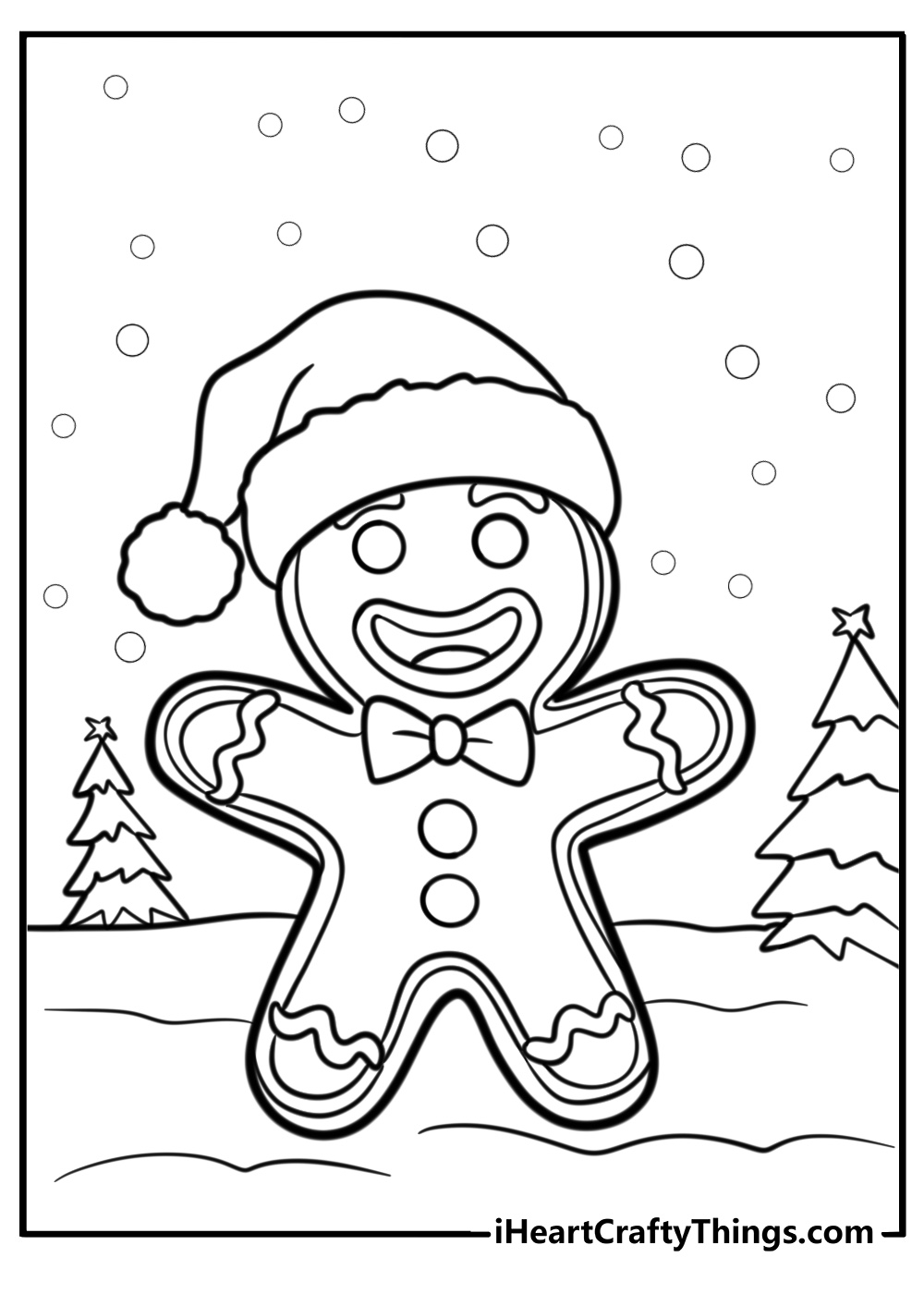 Gingerbread man in a holiday scene fun coloring sheet