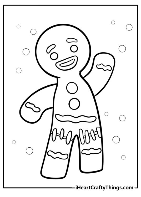 Christmas Gingerbread printable presenting gingerbread man decorated with frosting waving hello