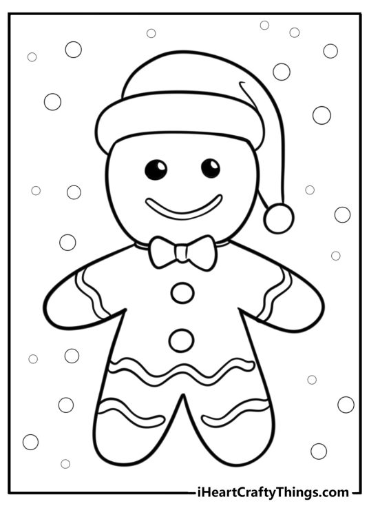 Coloring page for pre-schoolers featuring Christmas Gingerbread man with a Santa hat