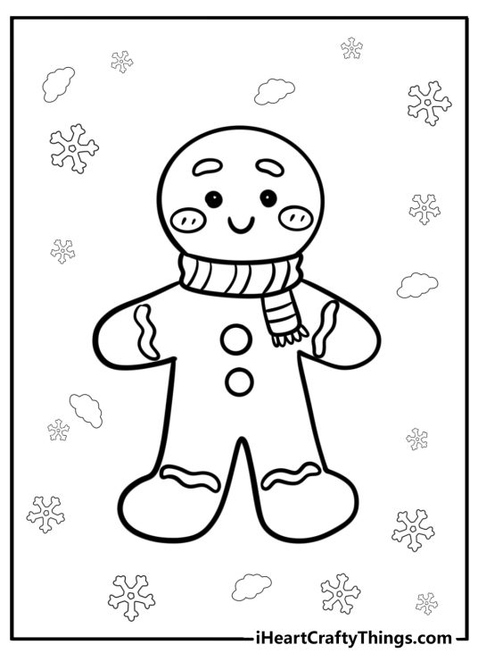 Picture for kids featuring cartoony Christmas Gingerbread man with a scarf and snowflakes all around him