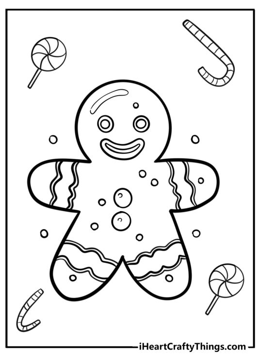 Detailed printable drawing for children of a smiling Christmas Gingerbread man surrounded by candy canes