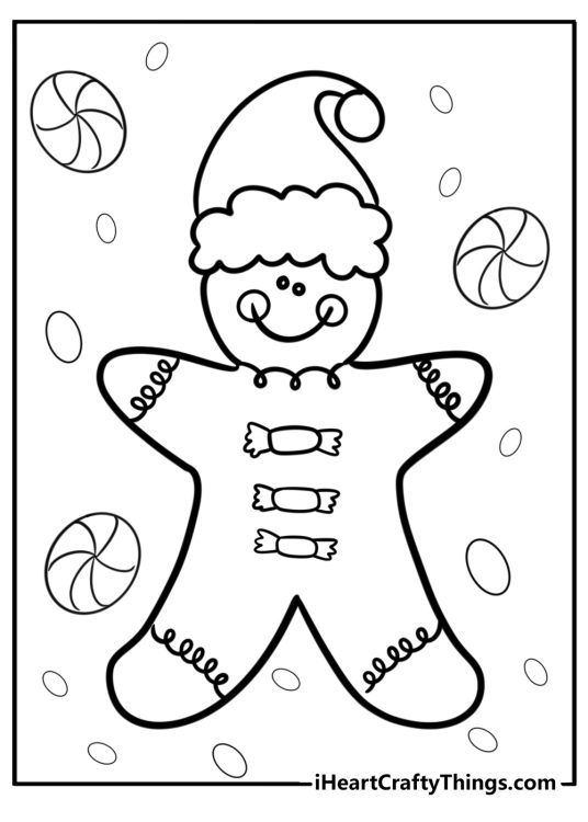 Coloring picture of a cute smiling Christmas Gingerbread man with candy-shaped buttons