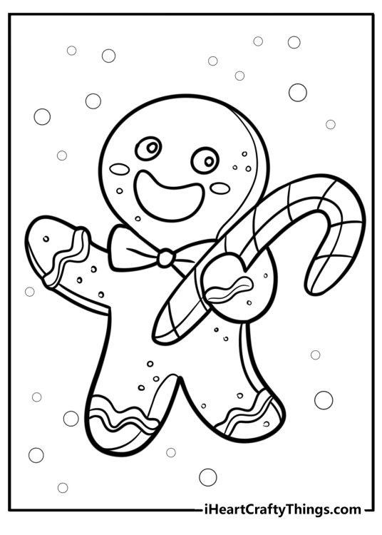 Coloring drawing for kids of a smiling Christmas Gingerbread man with a candy cane