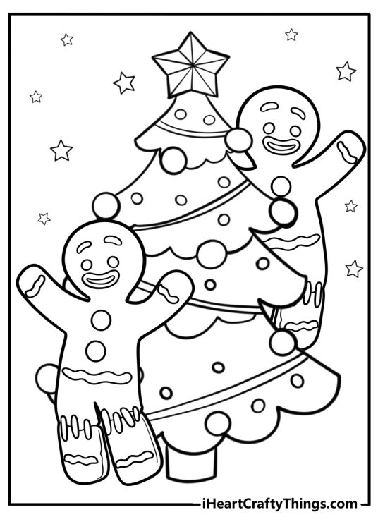Coloring card featuring two Christmas Gingerbread men and Christmas Tree with stars all around it