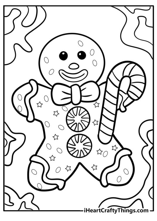 Detailed drawing of a Christmas Gingerbread man with icing decorations and candy cane