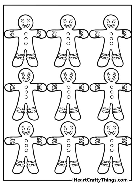 Detailed coloring sheet for children featuring nine identical Christmas Gingerbread men
