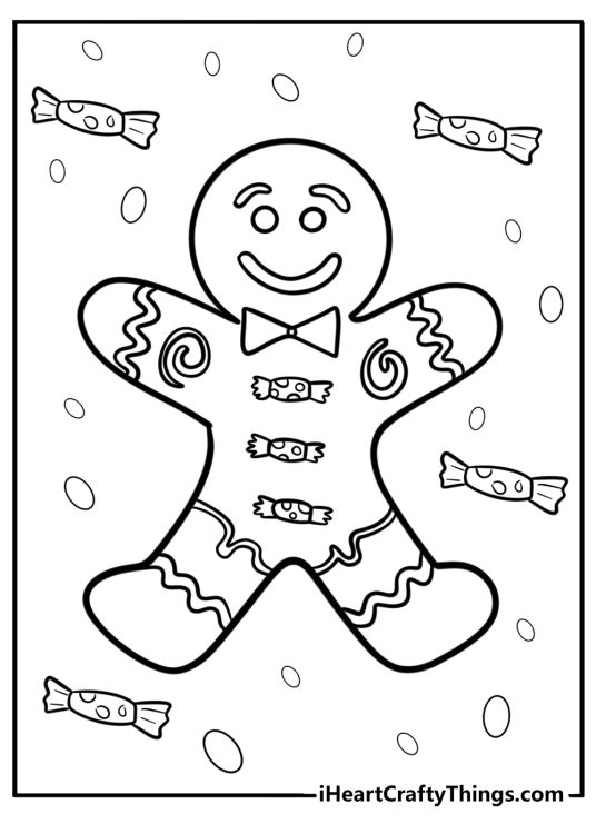Image of a Christmas Gingerbread man with candy-shaped buttons surrounded by small circles and candies