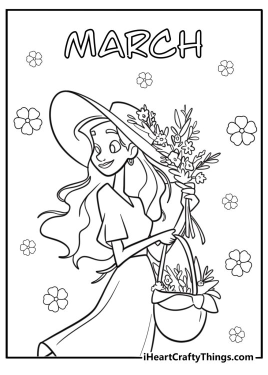 Girl holding flowers on a breezy march day coloring sheet