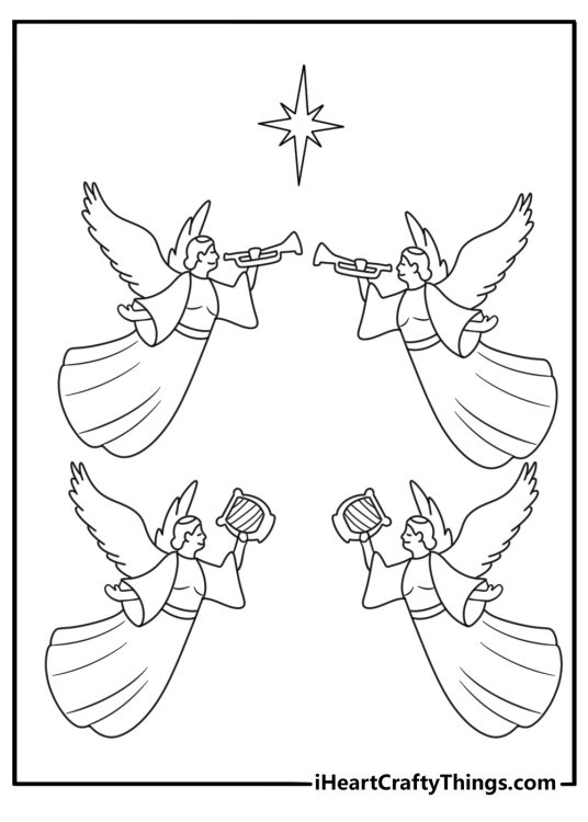 group of angels fills the night sky above bethlehem in this detailed coloring page