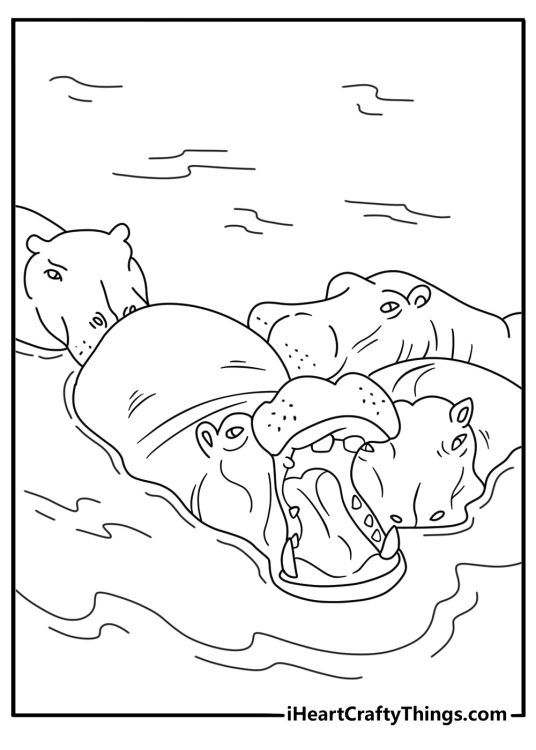 group of hippos crosses a wide river in this detailed animal coloring page