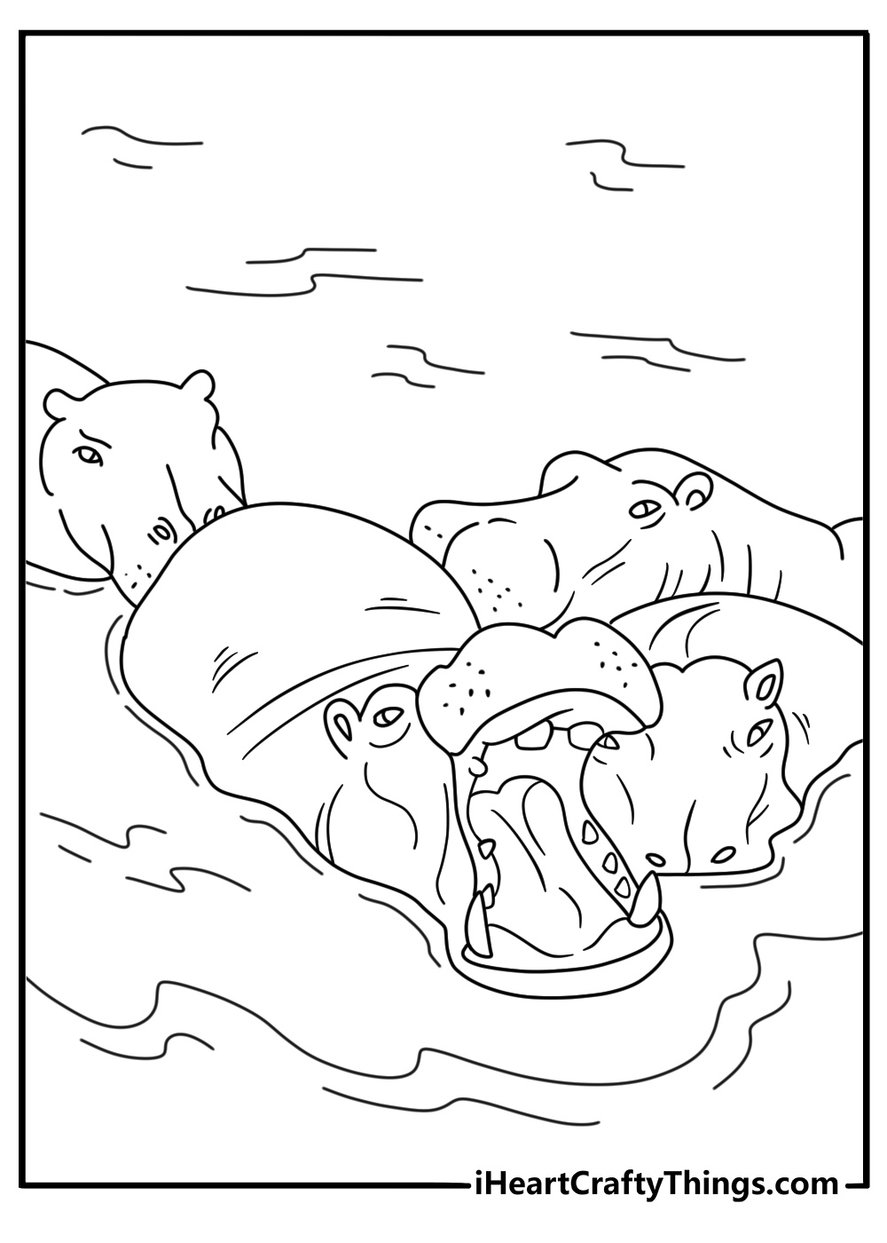 group of hippos crosses a wide river in this detailed animal coloring page