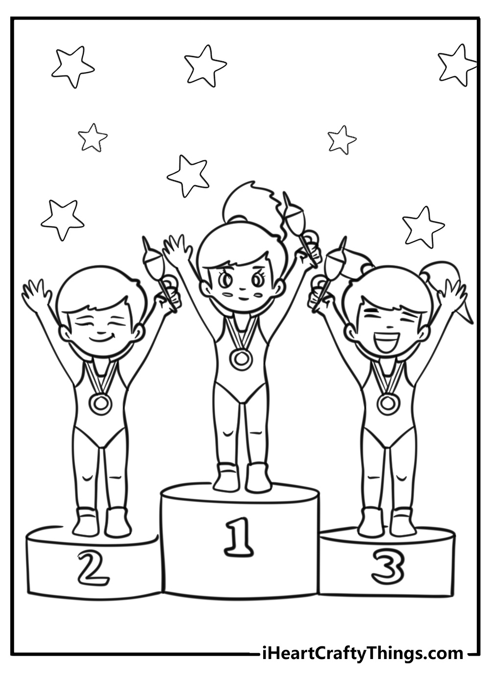 Gymnastics coloring page of cartoon gymnasts award ceremony