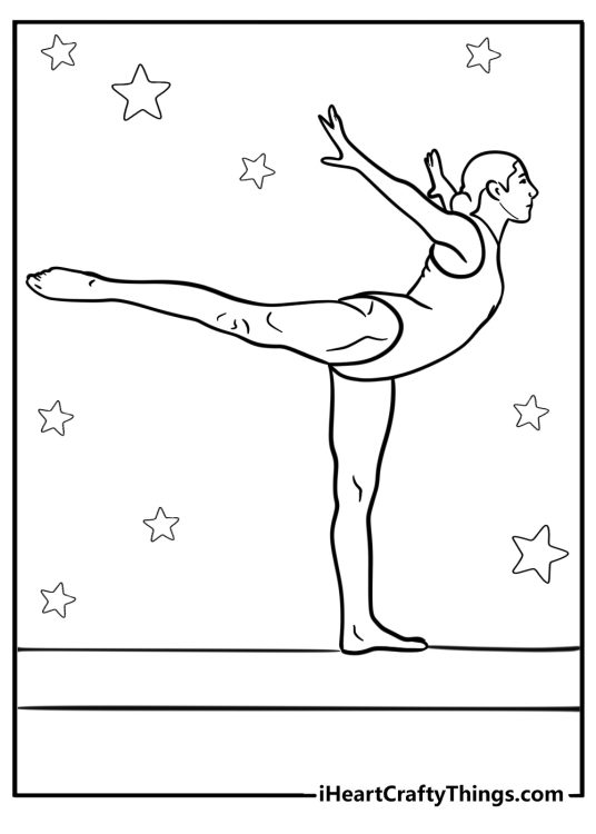 Picture of a gymnast balancing on one leg on the balance beam surrounded by stars