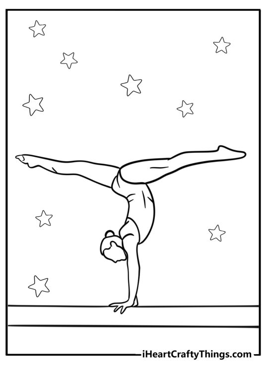 Free printable featuring gymnast balancing on her hands on the balance beam with stars all around her