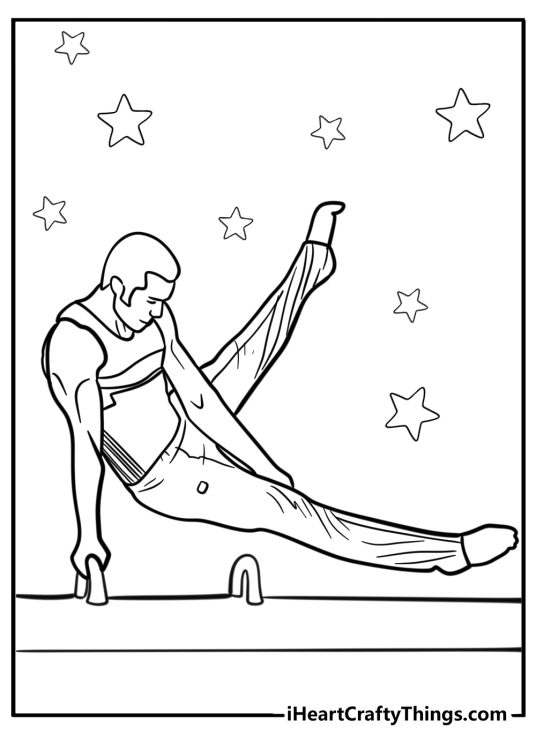 Gymnastics-themed image to print featuring male gymnast during performance on the pommel horse