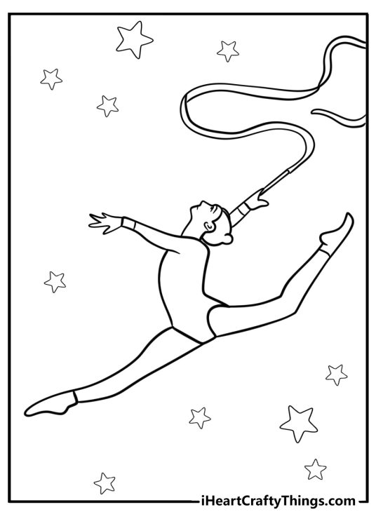 Coloring picture for children featuring rhythmic gymnast air split with ribbon and stars all around her