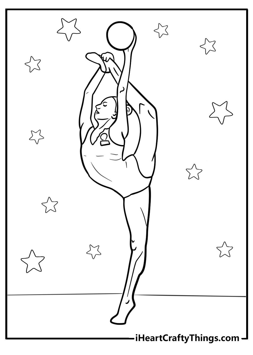 Gymnastics coloring page of rhythmic gymnast performing with ball