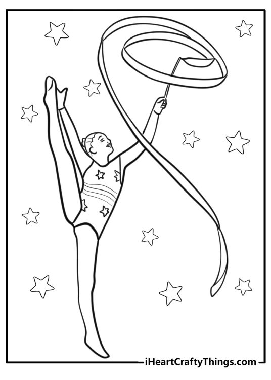Gymnastics coloring picture presenting rhythmic gymnast during performance with the ribbon