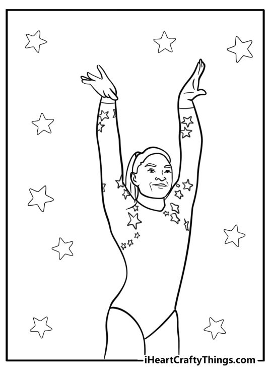 Coloring page presenting gymnast Simone Biles posing proudly with hands up surrounded by stars