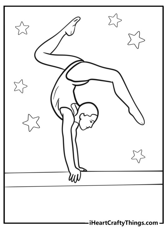 Free coloring picture featuring young female gymnast perfoming on a balance beam