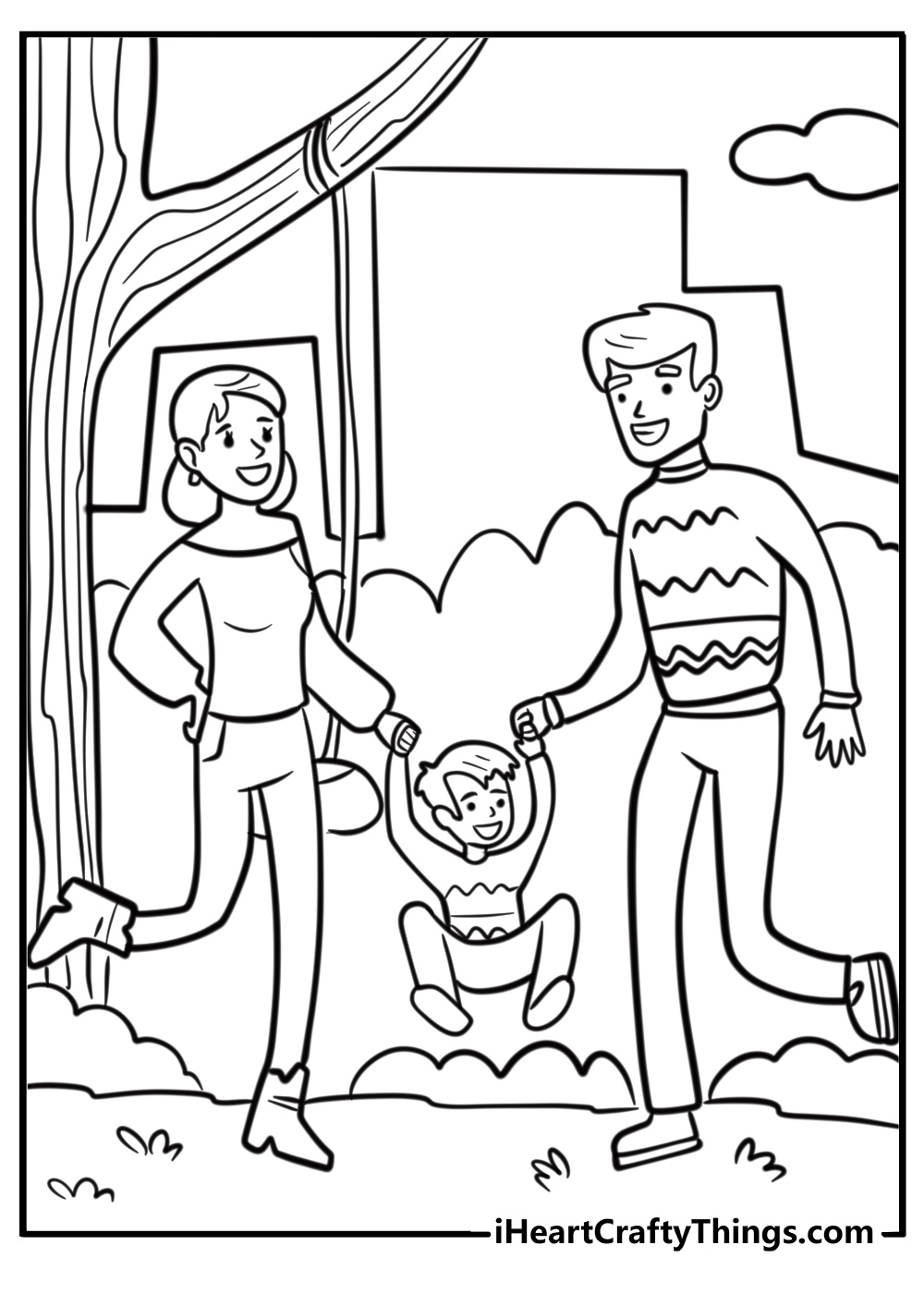 Happy family holding hands together in the park coloring page