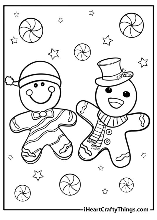 Christmas Gingerbread picture featuring two different gingerbread men surrounded by round candy canes and stars