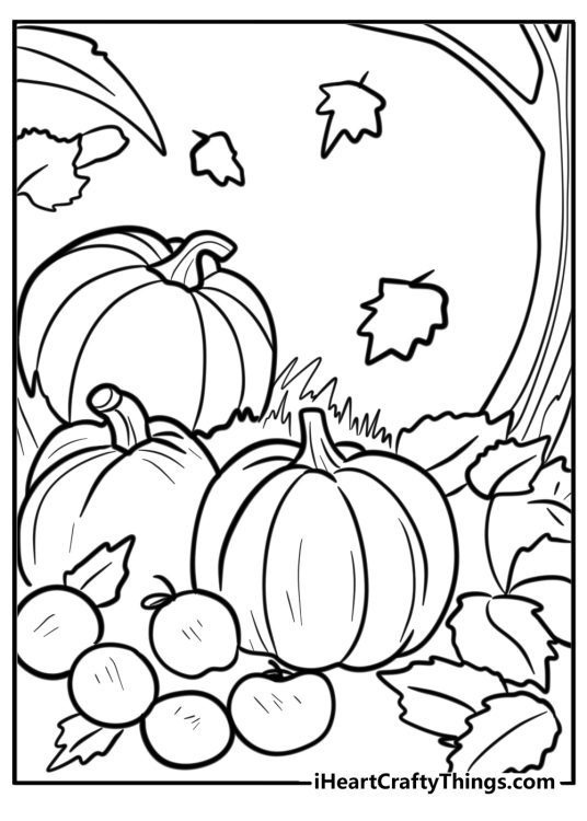 Fall-themed printable for kids depicting three pumpkins and five apples surrounded by fall leaves