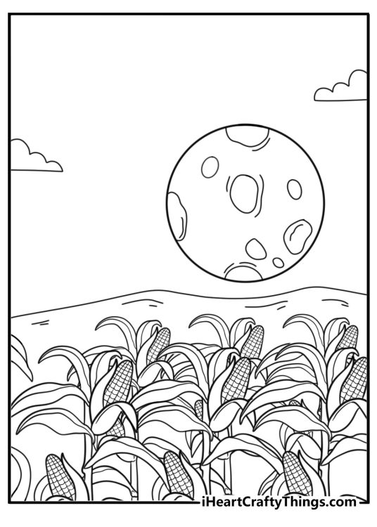 harvest moon over corn field coloring sheet autumn theme printable