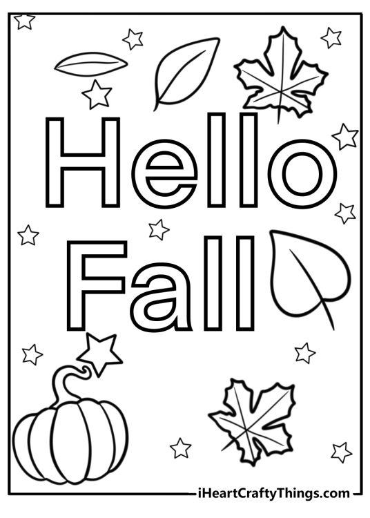 Coloring poster presenting Hello Fall phrase surrounded by leaves pumpkin and stars