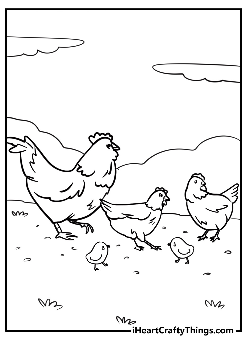 Hen and chicks pecking at the ground detailed coloring sheet