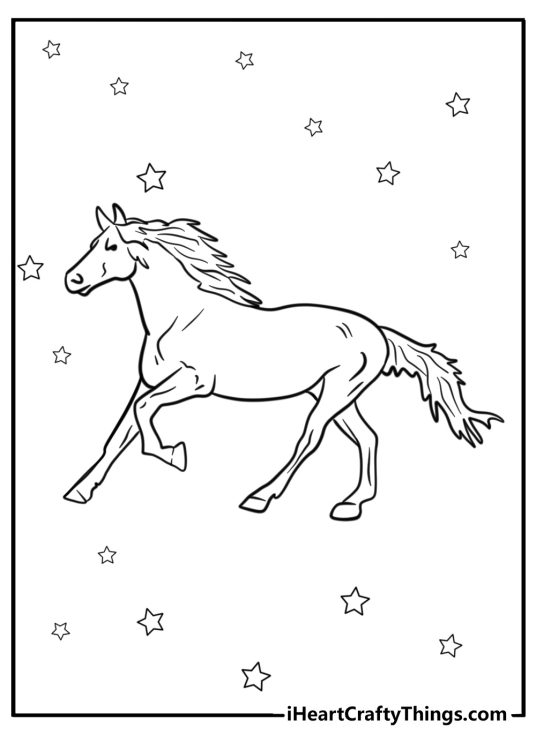 Picture to color for pre-schoolers featuring majestic horse on the move with stars in the background