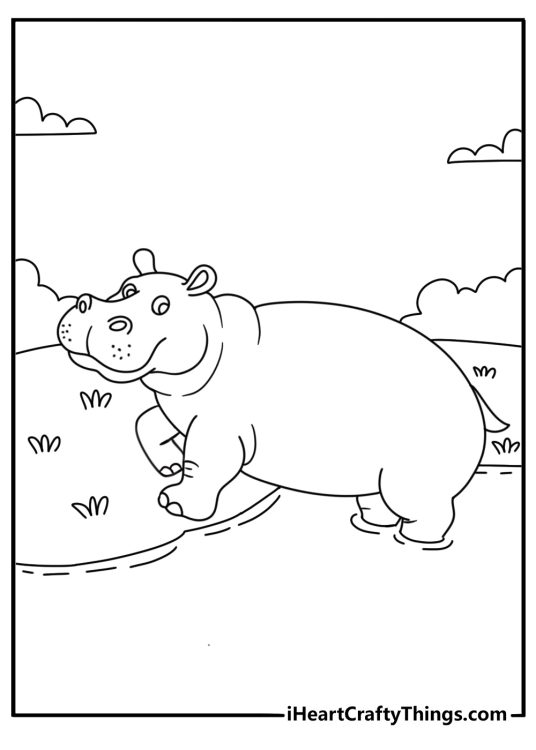 hippo climbing onto a riverbank makes a simple animal coloring page for kids