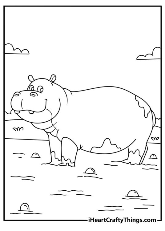 hippo climbs a muddy river slope in this realistic wildlife coloring sheet