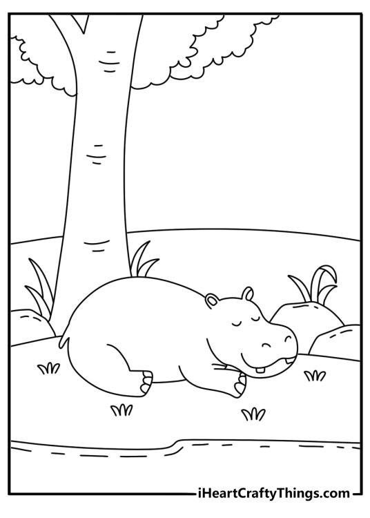 hippo coloring page for kids showing a hippopotamus resting beneath a shady tree