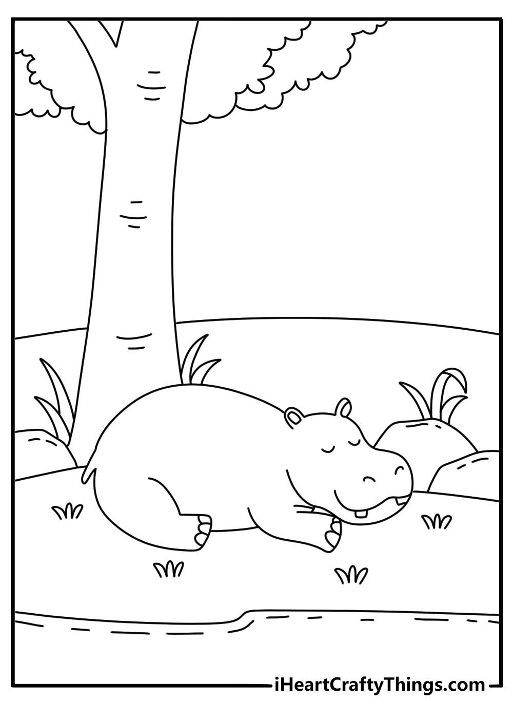 hippo coloring page for kids showing a hippopotamus resting beneath a shady tree