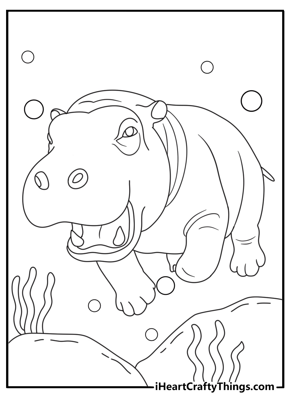 hippo coloring page showing a hippopotamus swimming across a deep river