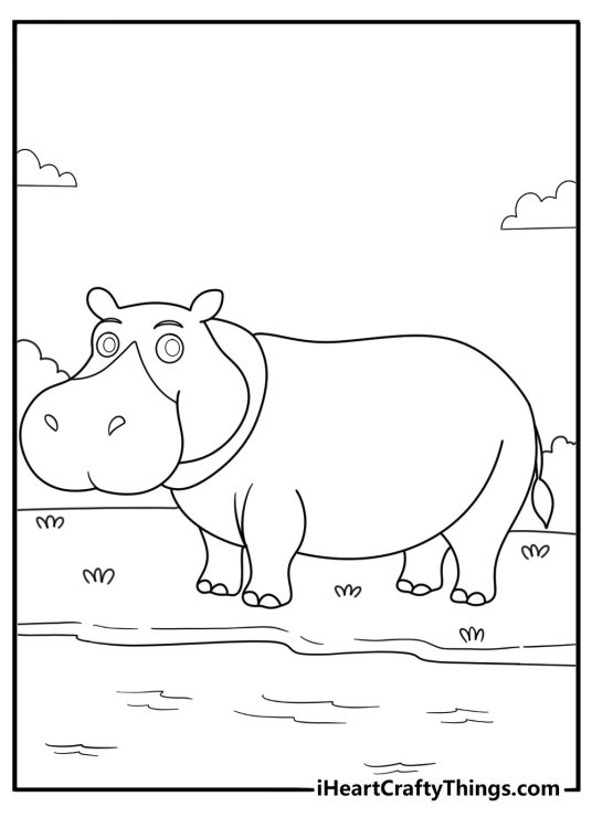 hippo coloring pages free printable hippo grazing on riverbank under acacia tree easy