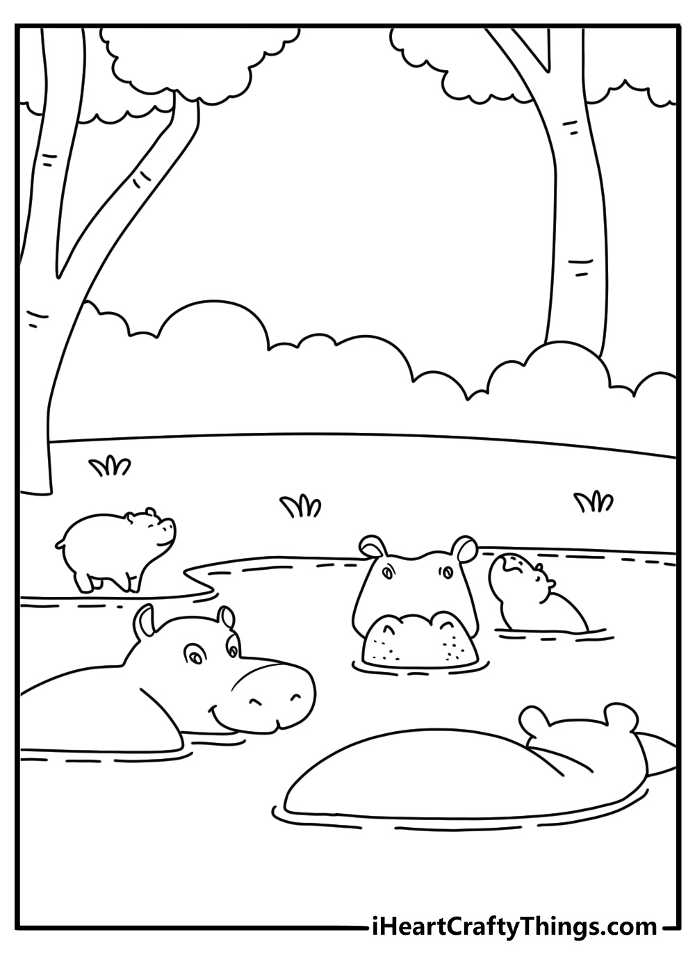 hippo coloring pages scene showing a group of hippos crowded together in a river