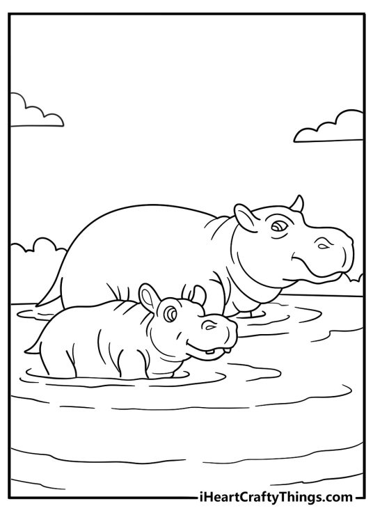 hippo family coloring sheet mother hippo with calf beside calm water for kids printable
