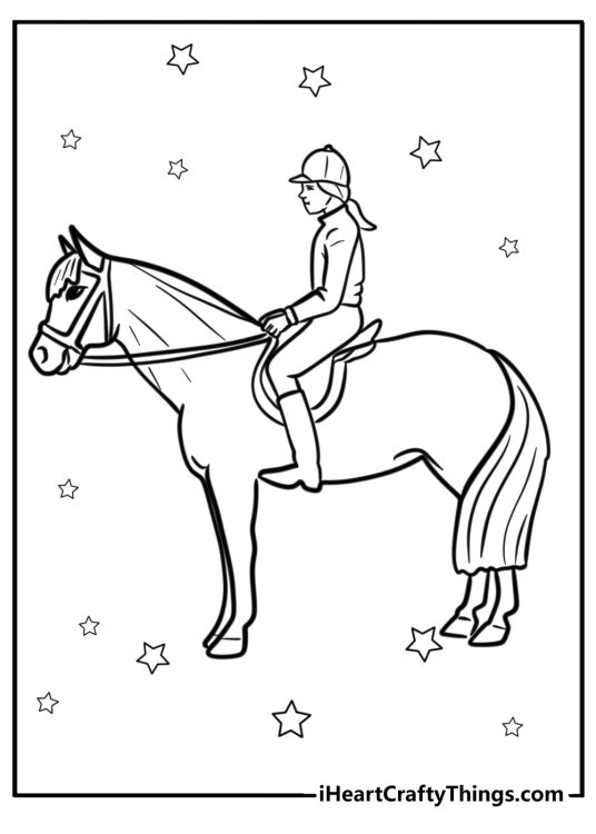 Horse-themed coloring image depicting lady riding a horse with stars in the background