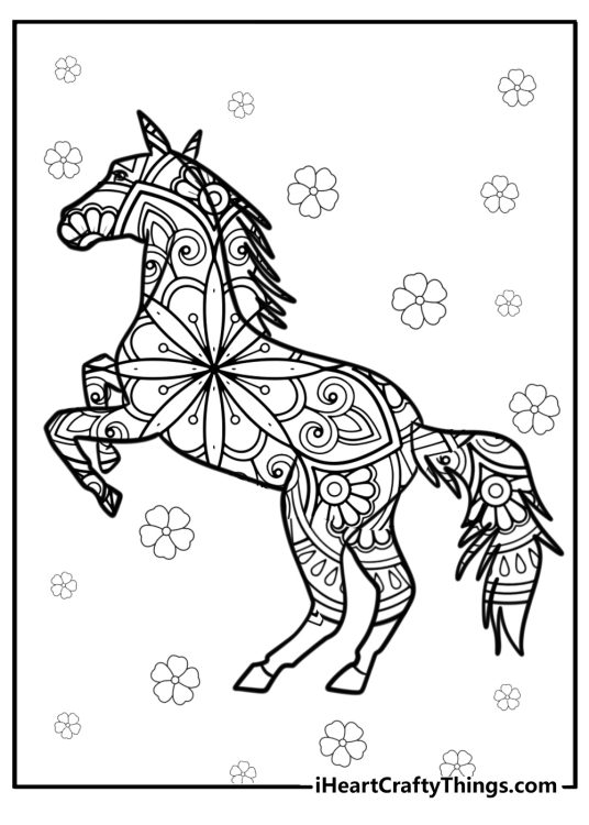 Detailed horse coloring picture featuring horse with mandala-themed pattern and flowers all around him