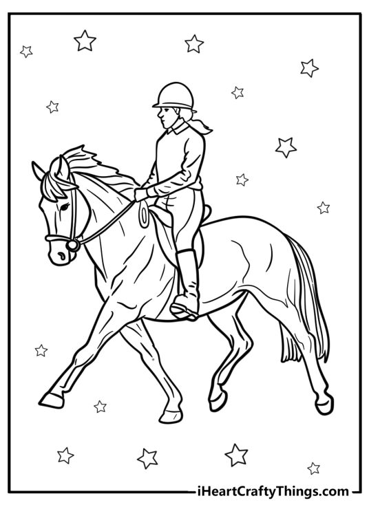 Horse-inspired picture to print and color featuring woman riding her horse with stars all around