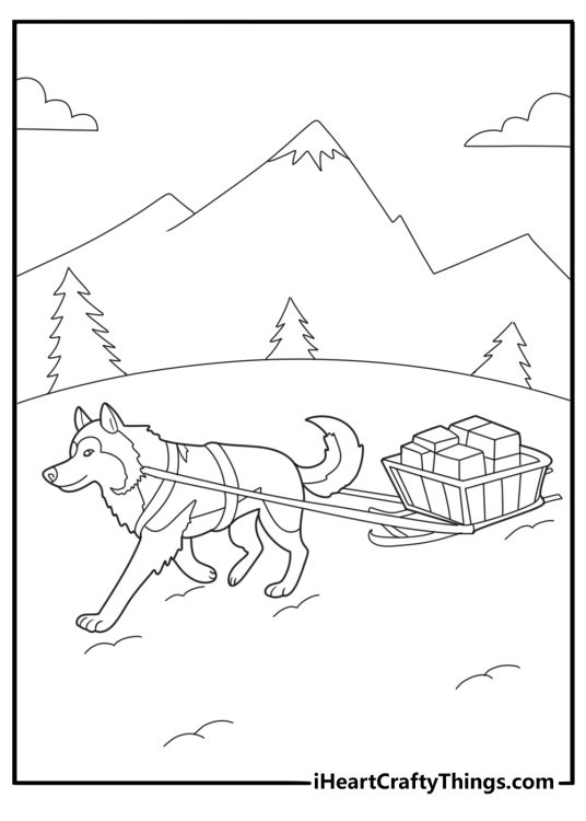 husky pulling sled in winter coloring page