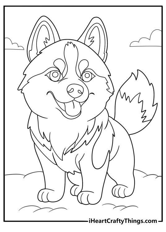 husky with bright blue eyes detailed coloring page