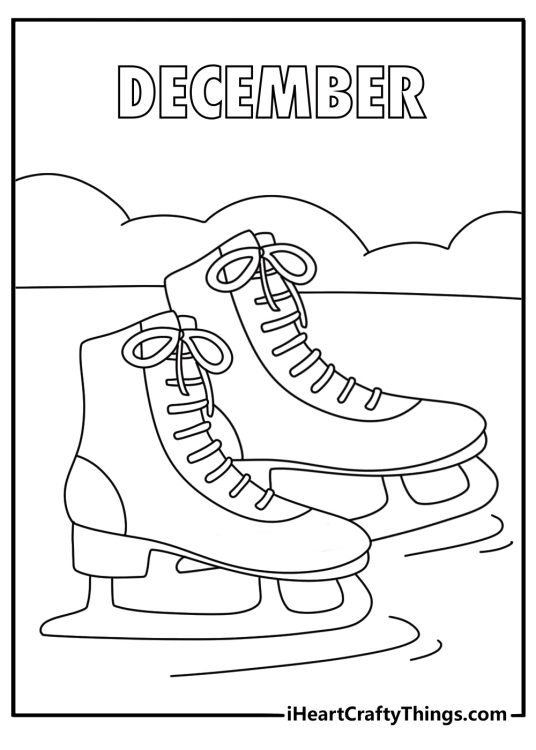 ice skates resting beside a frozen pond fill this easy seasonal coloring page